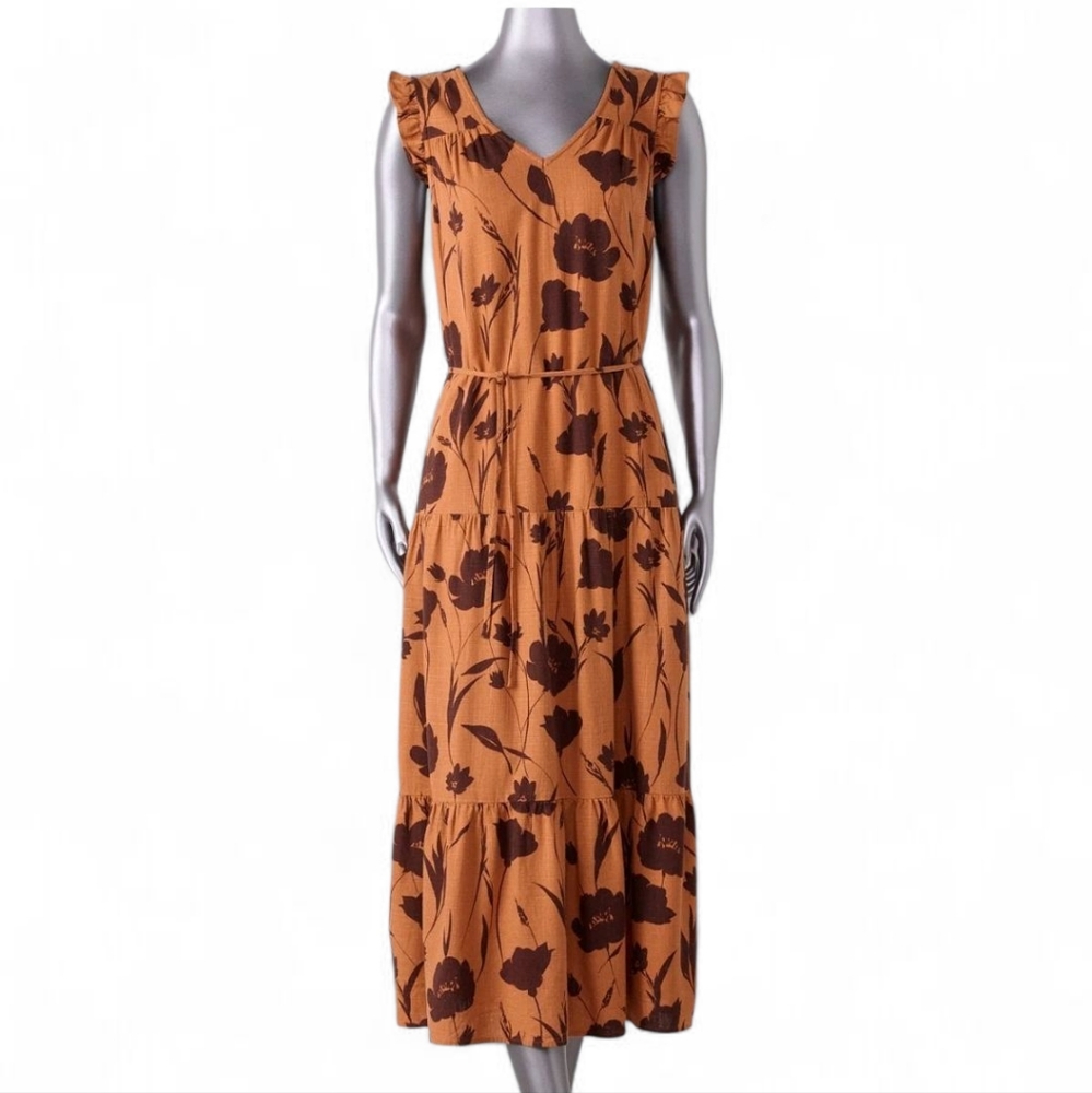 Simply Vera Vera Wang Brown Floral Print V-Neck Tiered Linen Midi Dress Large